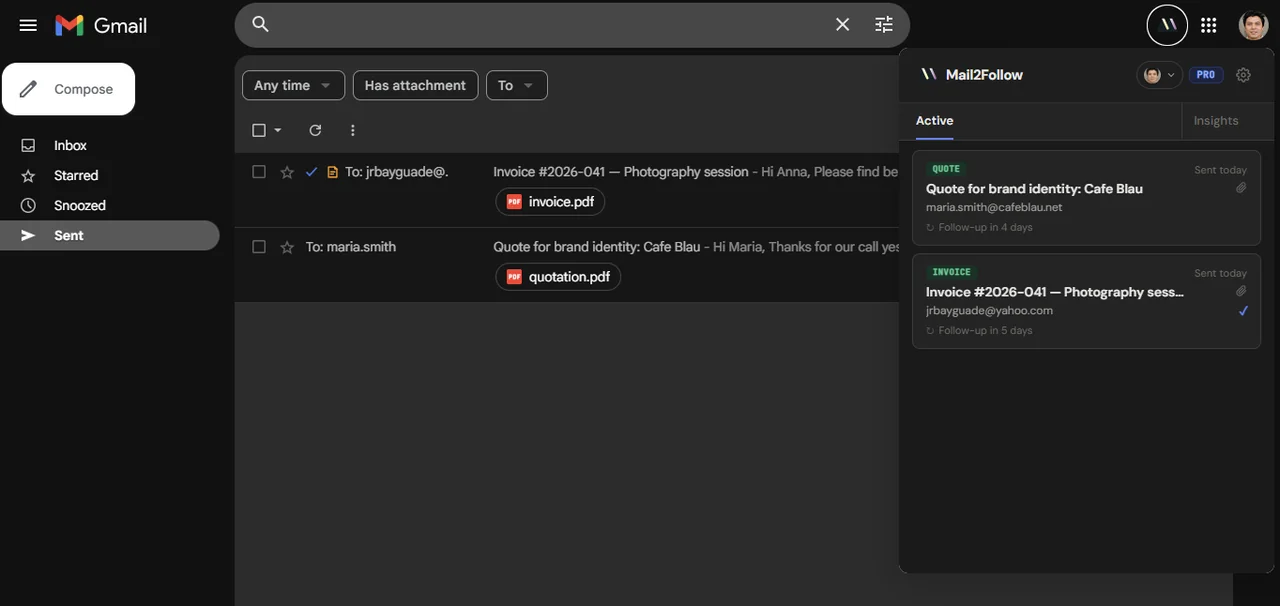 Mail2Follow dashboard showing active quotes and invoices with status chips