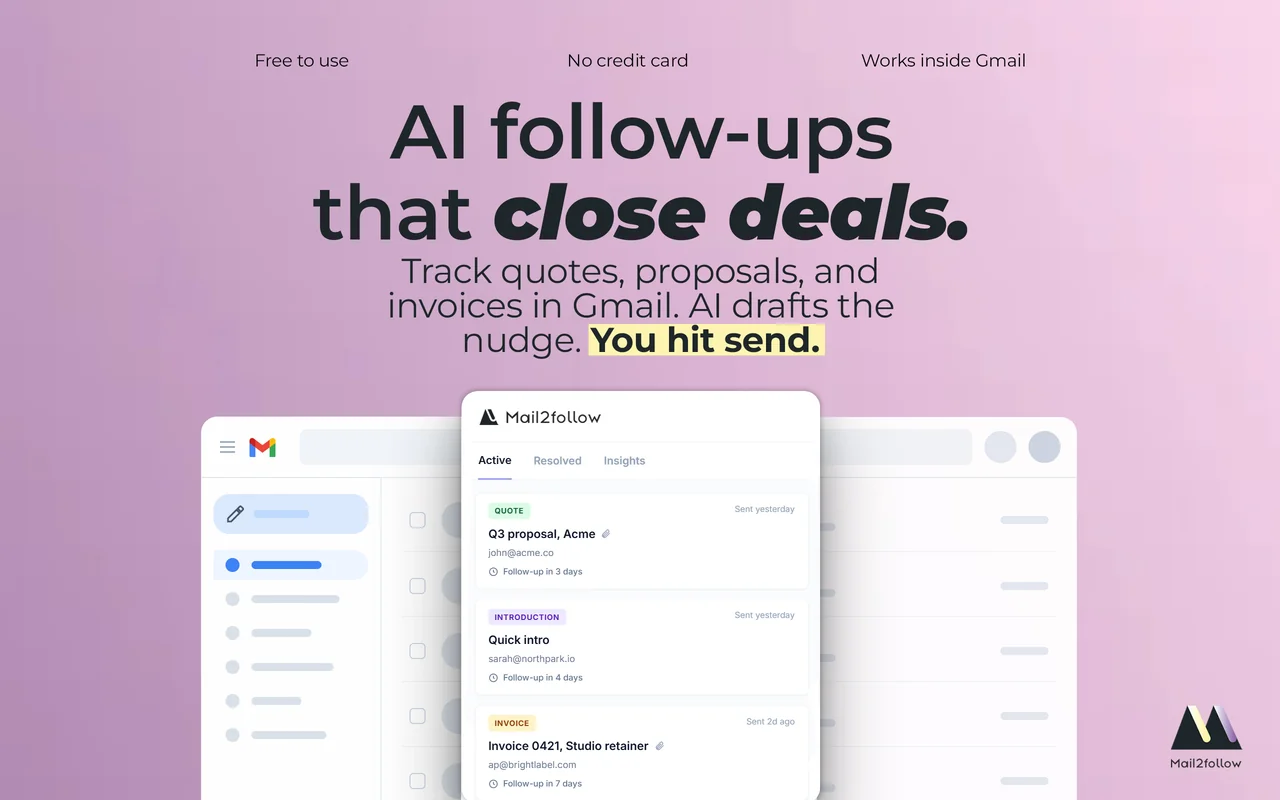 Mail2Follow dashboard inside Gmail showing tracked threads including a quote, an introduction, and an invoice, each with an AI-scheduled follow-up date