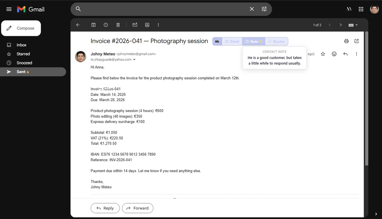 Mail2Follow inline note popover attached to a tracked thread for added context
