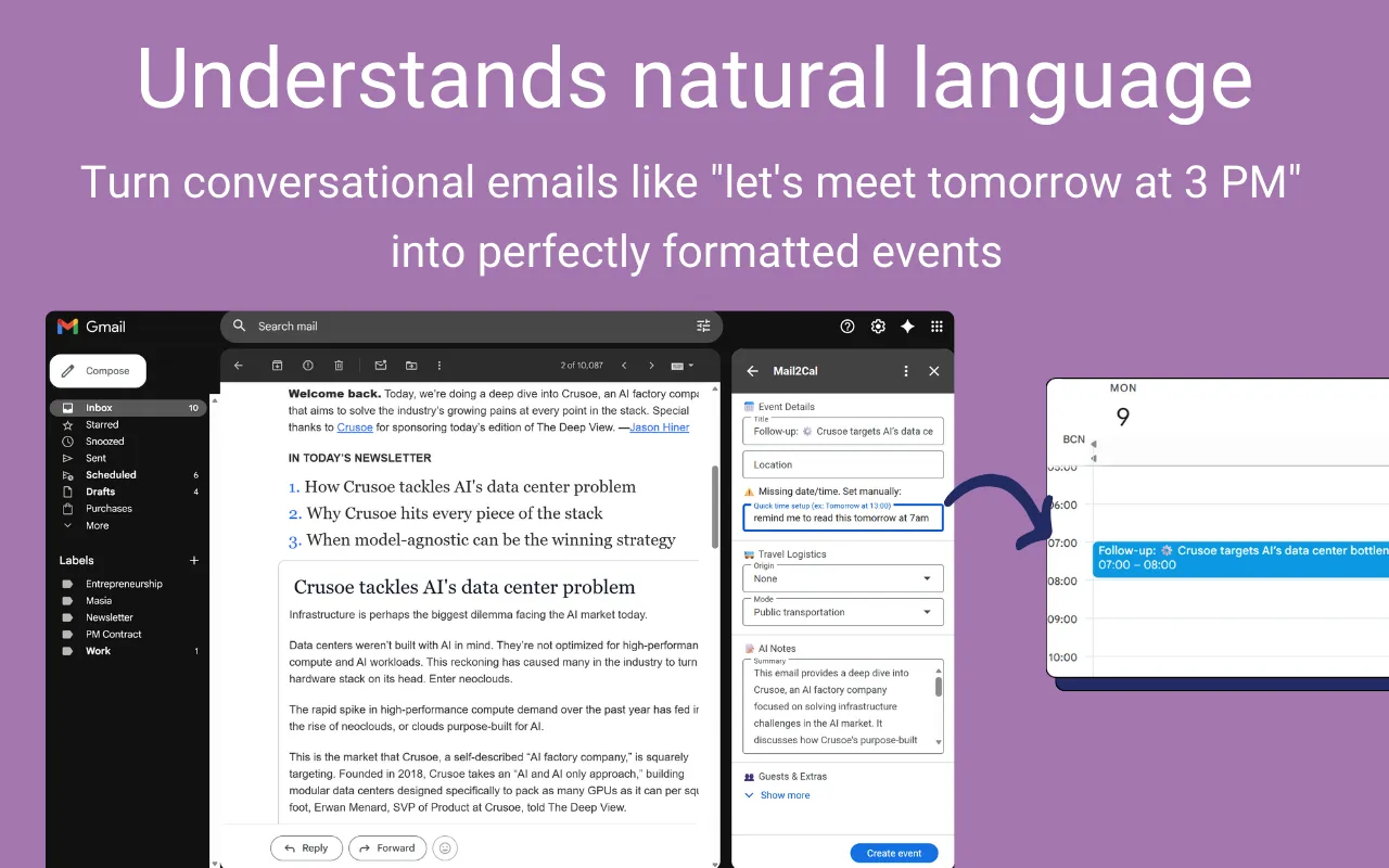 Mail2Cal understanding natural language in emails and converting conversational scheduling into formatted Google Calendar events
