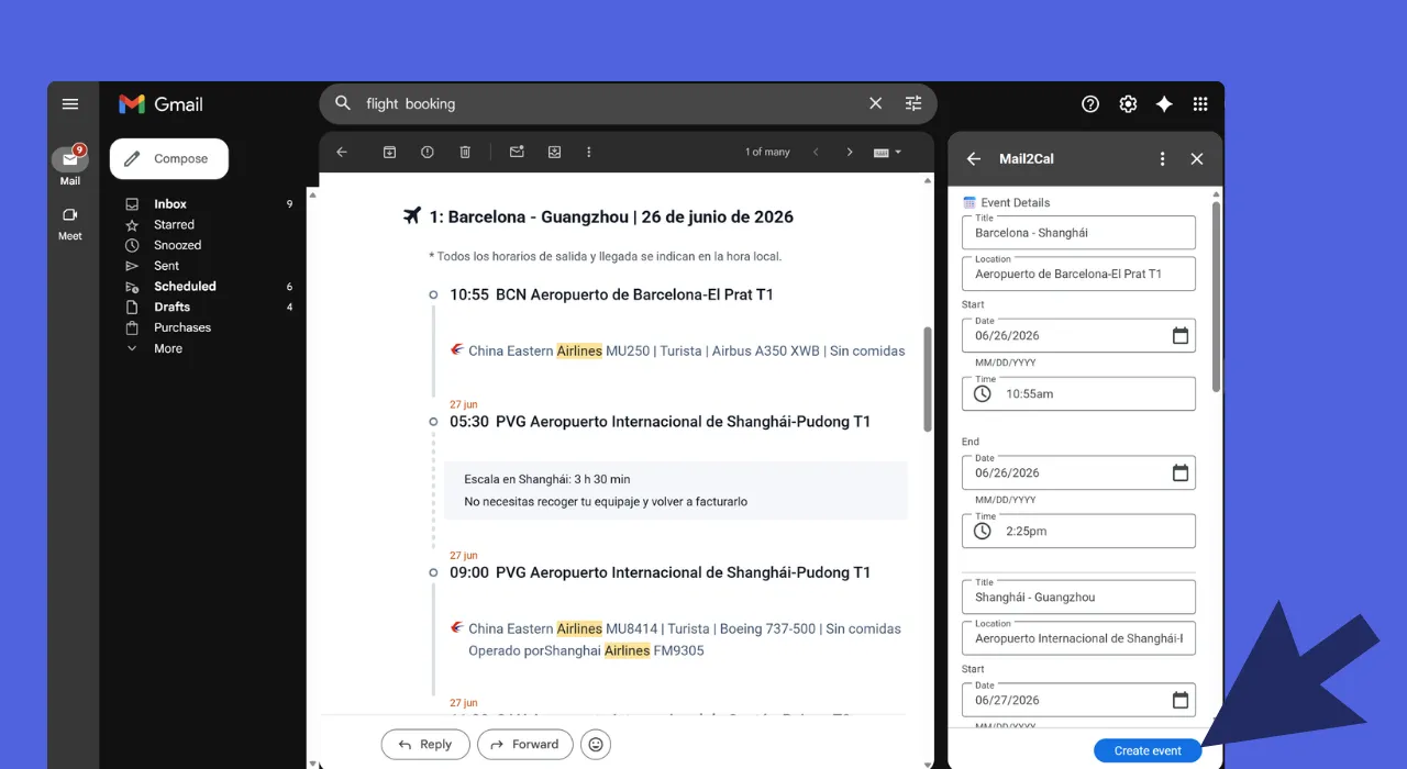 Mail2Cal en el panel lateral de Gmail extrayendo los eventos de un itinerario de vuelo desde un correo