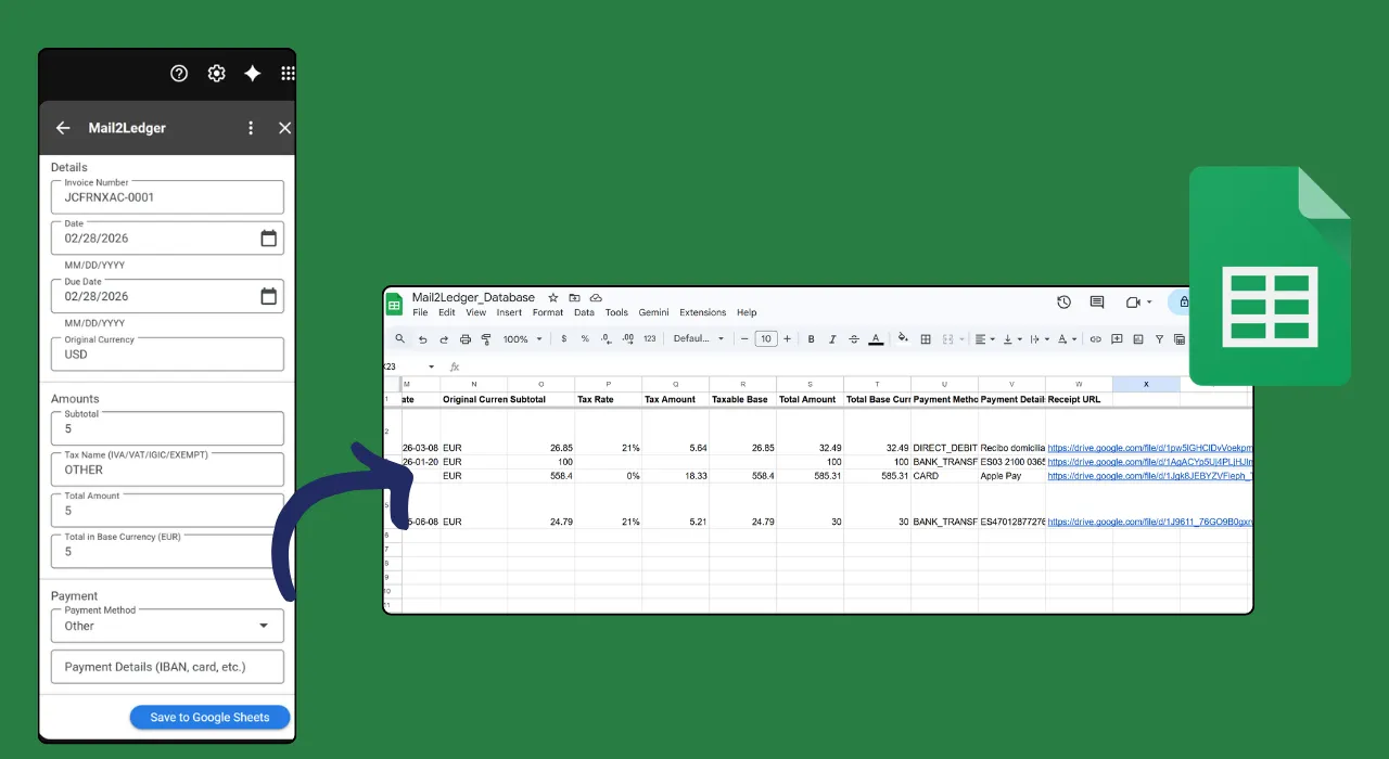 Mail2Ledger sincronizando los datos extraídos de una factura a un libro contable en Google Sheets con un clic